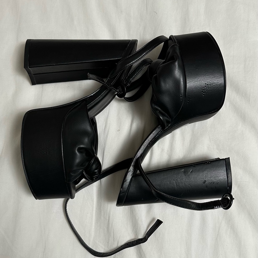 Public Desire Black Knot Front Leather Strap Platform Heel Sandals